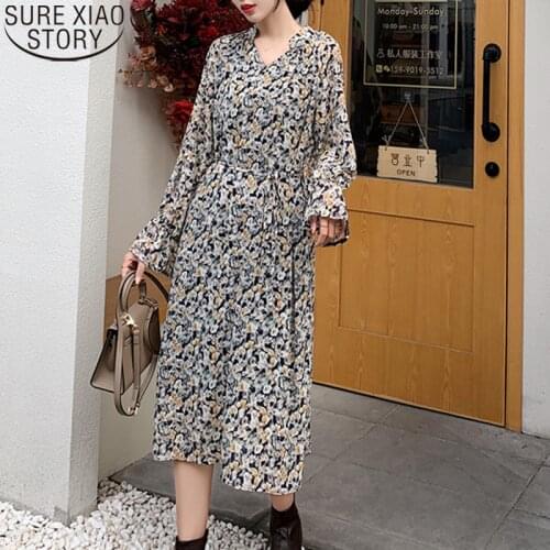 Korean Style Floral Print Dresses 2021 New Spring V-neck Vintage Dress Women Long Sleeve Chiffon Dress Vestidos Femenino 13195