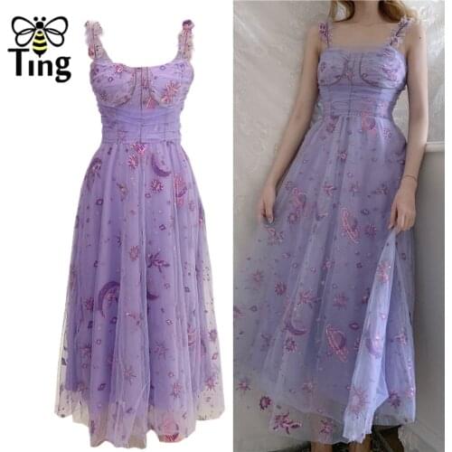 Tingfly Elegant Sweet Girl Moon Star Sequined Embroidery Luxury Purple Party Night Dresses Ruched Strap Ball Gown Midi Vestidos