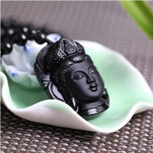 100% Obsidian Avalokitesvara Head Jade Pendant Jewelry Fine Jewelry Obsidian Avalokitesvara Mens and Womens Pendant Necklace