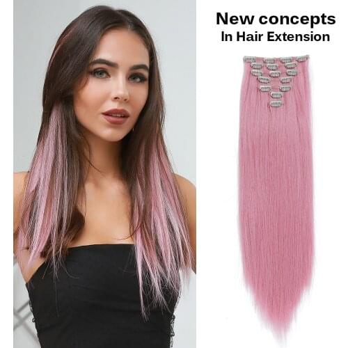 20 Inchs 6Pcs/Set 16 Clips In False Styling Hair Long Straight Synthetic Hair Extensions Clips Heat Resistant Pink Hairpiece