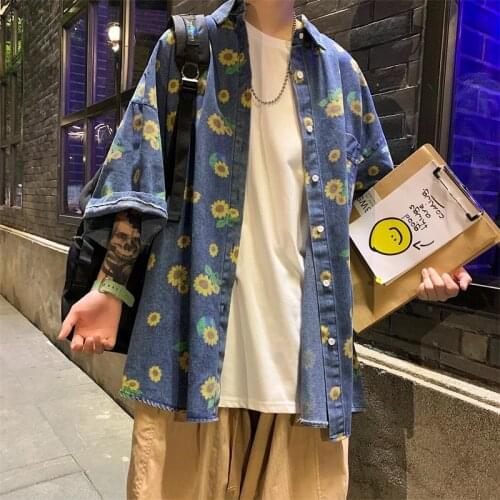 2020 Summer Mens Sunflower Printing Cowboy Shirts Short Sleeve Hawaiian Denim Shirt Camisa Masculina Mens Fashion Blue Shirts