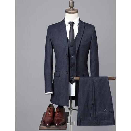 Brand Men Suit 2020 Wedding Suits for Men Mid-length business stripe print 3 Pieces Slim Fit Mens Suit Black Gray Tuxedo