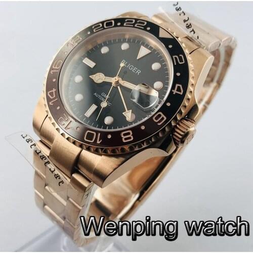 Bliger 40mm Mens Top Mechanical Watch Rose Gold Case Sapphire Glass Date Window Ceramic Bezel GMT Mens Automatic Watch