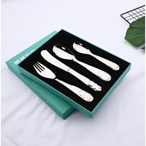 Baby Flatware 304 Stainless Steel Kid Dinnerware Cutlery Cartoon Pattern Carving Children Tableware Western-style Spoon Fork Set
