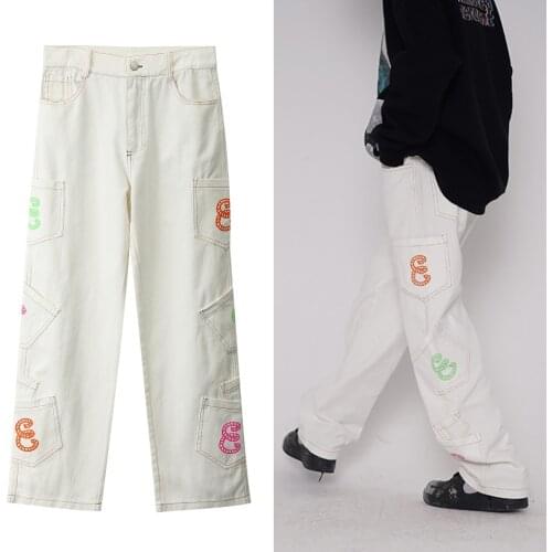 Baggy Jeans For Men Multi-Pocket Letter Embroidery Straight Denim Pants 2021 Autumn Winter Streetwear Women Oversize Trousers