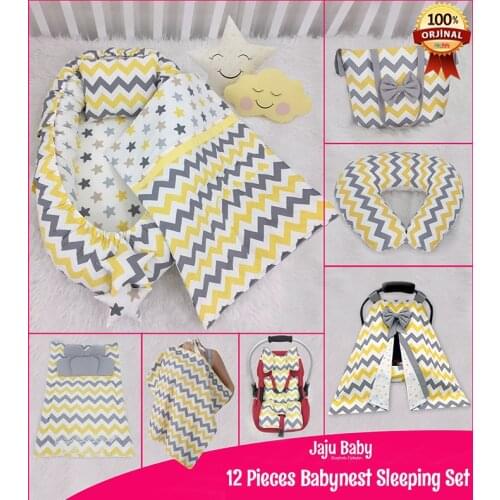 Jaju Baby nest Gray Yellow Zigzag 12 Piece Set Luxury Orthopedic BabyNest Set, Breastfeeding Pillow,Stroller Cover Baby Sleeping