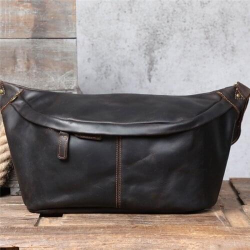 Fashion natural real cowhide mens large-capacity chest bag high-quality crazy horse leather oversized shoulder messenger bag