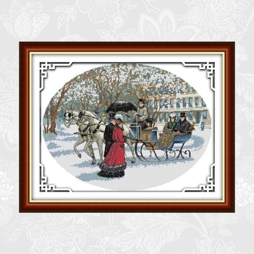 Snowy day patterns aida cross-stitch kits, diy handwork beginner embroidery set, print on canvas cross stitch needlework
