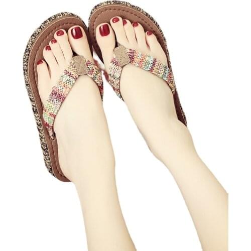 Summer Folk Style Outdoor Womens Shoes Seaside Vacation Beach All-Match Sandals Slippers Non-Slip Thick-Soled Slope Flip-Flops