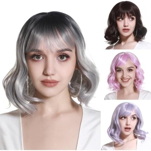 Short Curly Pink Bob with Bangs Wig Cosplay Black Purple Gray Grey Ombre Lolita Fake Sclap Synthetic Full Womens Wigs Female
