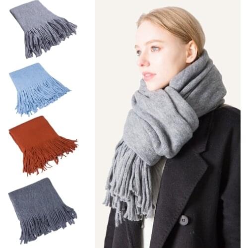 195x33cm Women Men Winter Thick Warm Long Scarf Faux Wool Simple Solid Color Fringe Tassels Extra Large Oversized Shawl