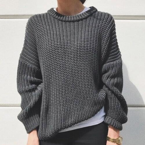 Women Winter Autumn Long Sleeve Sweater Round Neck Simple Solid Color Pullover Tops Casual Loose Chunky Knitted Jumper