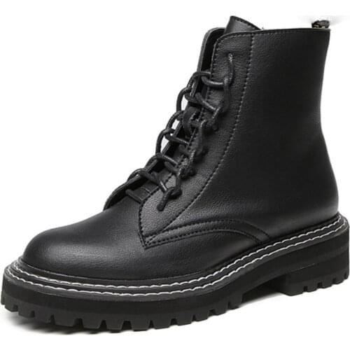Lace-Up Women Ankle Boots 2021 Autumn Winter Split Leather Thick Heels Fashion Leisure Motorcycles Platforms Shoes Woman