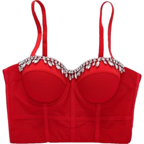 2021New Short Sexy Diamond Beading Top Female Nightclub Party Crop Top Women Solid Camis Tops With Built In Bra Push Up Bralette