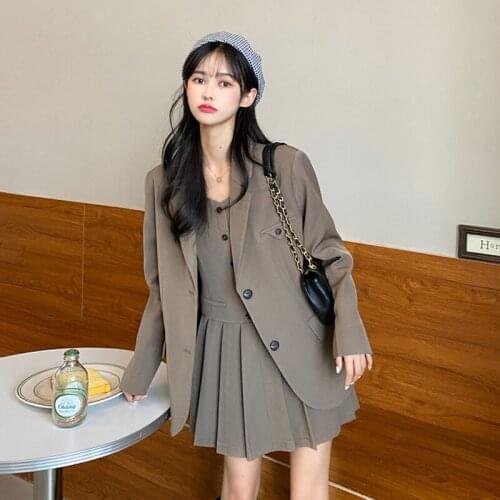 Two-piece Set Suit Dress Sets Korean Casual Notched Blazer Jacket & Sleeveless Pleated Mini Dress Office Lady Wear Women Suits