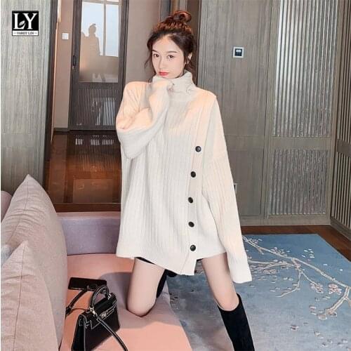 LY VAREY LIN New Autumn Winter Women Casual Solid Single Breasted O Neck Loose Button Pullover Fashion Long Knitted Sweater