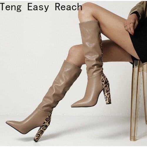 2021 New Women Knee High Boots Fashion Pointed Toe Square Heel Ladies Boots Autumn Winter Women Slip on Shoes high quality