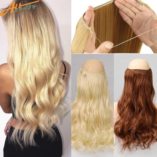 Allaosify 24 Inch Invisible Wire Hair Extensions Secret Fish Line Hairpieces Straight Natural Synthetic Hair Pieces Red Brown