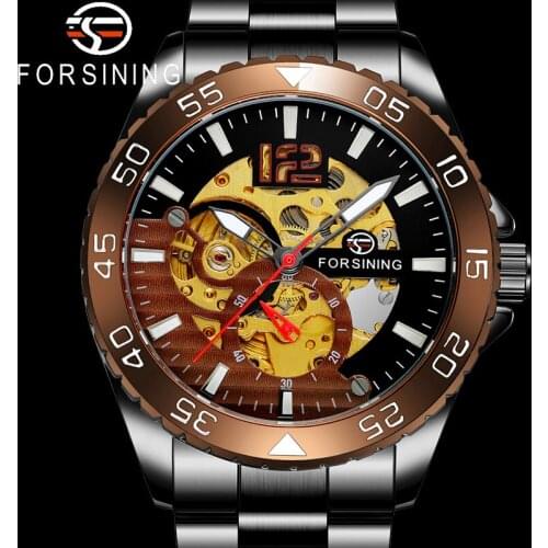 FORSINING Automatic Mechanical Wristwatch Military Sport Male Clock Top Brand Luxury Black Steel Strap Skeleton Man Watch 8225