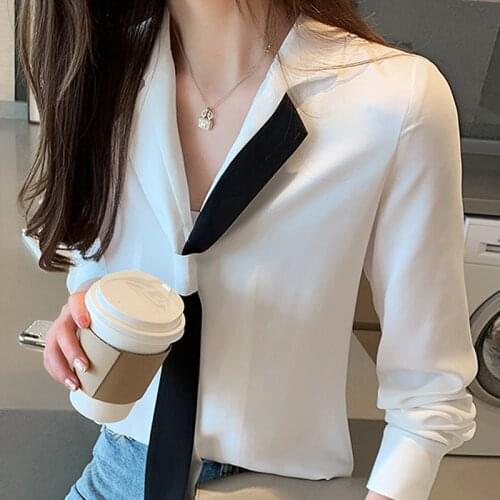 Blusas Mujer De Moda 2021 Blouse Women Bow V-neck Office Blouse Women Tops Long Sleeve White Blouse Chiffon Blouse Shirt B969
