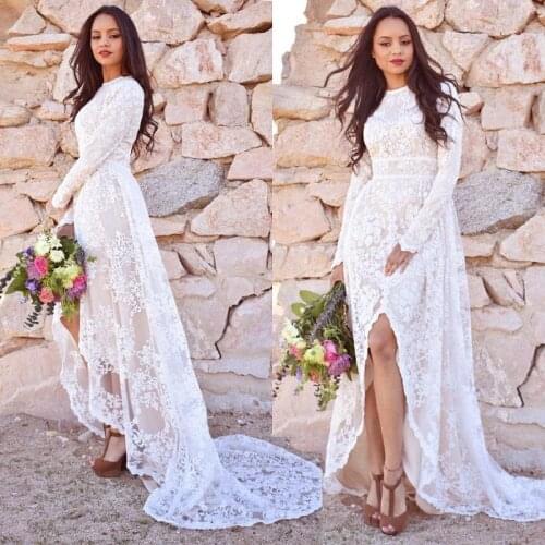 Bohemian High Low Lace Wedding Dresses Bridal Gowns Split Front A Line Long Sleeve Country Boho Beach Bride Dress