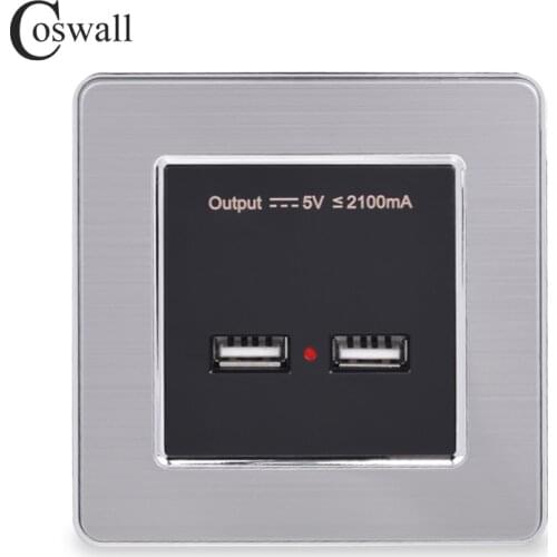 COSWALL Wall Power Socket Dual USB Smart Induction Charging Port For Mobile 5V 2.1A Output LED Indicator Stainless Steel Panel