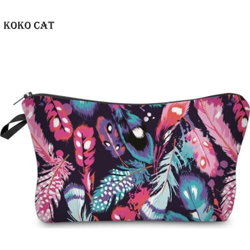 Koko Cat Colorful Feather Printed Women Cosmetic Organizer Bag Waterproof Ladies Makeup Bag Fashion Female Beauty Bag