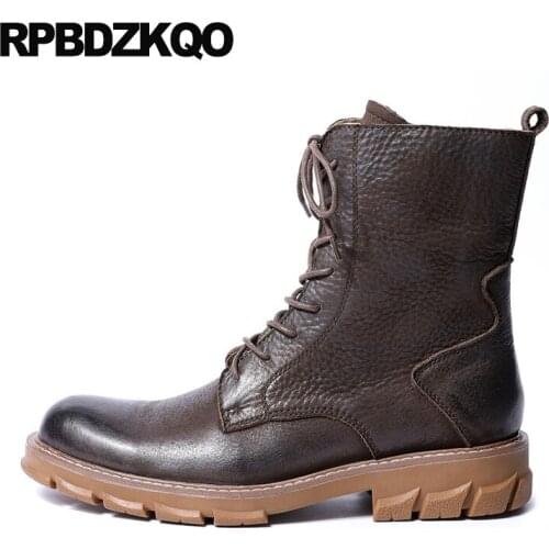 Military handmade brown men lace up full grain leather boots zipper faux fur army shoes retro genuine ankle winter black combat