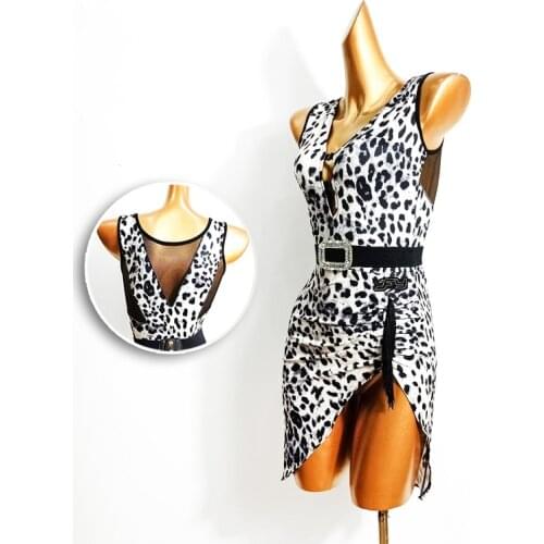 Leopard Dance Skirts Women Sexy Latin Dancing Wear Split Gauze Stitching Sheath Dress Ballroom Practice Cloth Stage Costumes