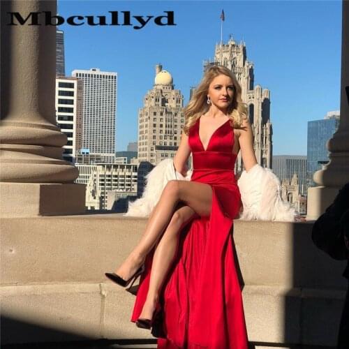 Mbcully Red Long Prom Dress 2020 Sexy Side Split Summer Women Formal Gowns With Sweep Train Girls Birthday Party Dress Plus Size
