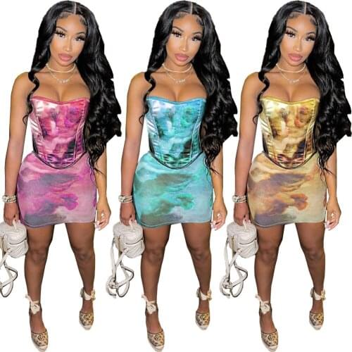 Fashion Print Two Piece Skirt Set Sexy Tube Crop Top Mini Skirt Streetwear Party Night Club Summer Women Outfits