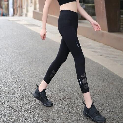 NORMOV Fitness Women Leggings Slim Mesh Patchwork High Waist Push Up Ankle Length Leggings Workout Black Print Female Jeggings