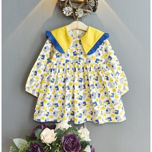 Girls Dresses Toddler Girl Fall Clothes 2021 Spring Autumn New Lapel Cartoon Print Long-sleeved Dress Vestidos Baby Girl Dress