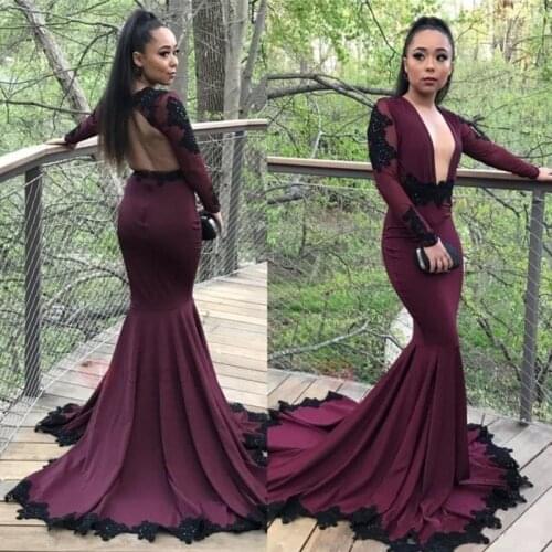 Sexy Burgundy Grape Mermaid Prom Clothes 2021 Black Applique Long sleeves Deep V Neck African Evening Party Clothes