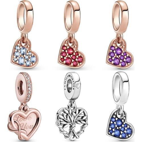 Rose Love You Infinity Heart Tilted Heart Family Tree Pendant Beads 925 Sterling Silver Charm Fit Europe Bracelet DIY Jewelry