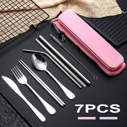 Portable 7 Pcs Travel Tableware Set Stainless Steel Cutlery Set With Box Kitchen Fork Spoon Dinner Set For Kid School Cutlery