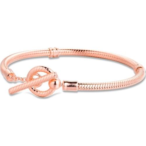 Rose Signature Moments T-Bar Snake Chain Bracelets 100% 925 Sterling Silver Jewelry Free Shipping