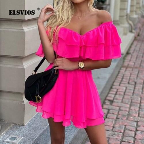 Sexy Off Shoulder V-neck Mini Dress Elegant Ruffle Chiffon A-line Dress 2021 Fall Summer New Fashion Slim Solid Dresses Vestidos