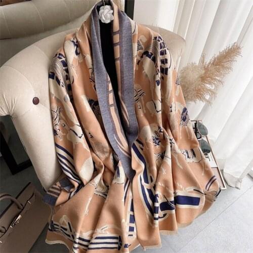 Scarf Women Winter Cashmere Pashmina Thick Shawls Wraps Lady Design Horse Print Female Blanket Foulard Stoles 2021 New
