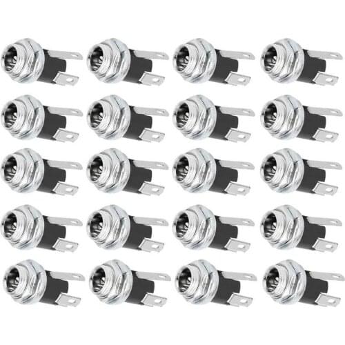 20Pcs DC Power Supply Plug Connector Female Jack Socket with 5.5x2.1MM Thread Nut Panel Mount Connector DC025M