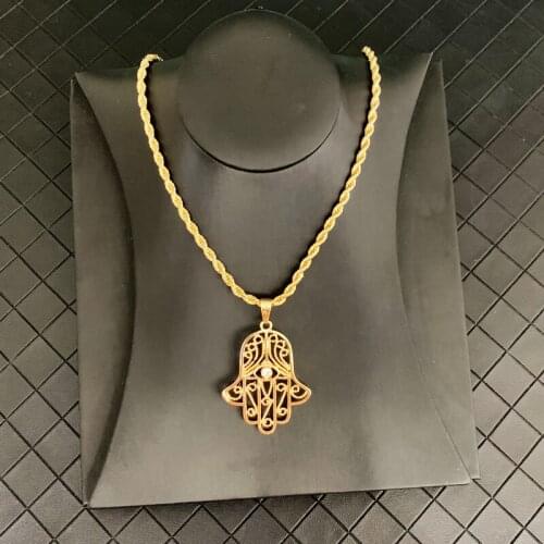 Turkish Fatima Hand Pendant Necklace with Sliding Chain Arab Muslim Gold Jewelry Necklace for Women with Long Chain Pendant