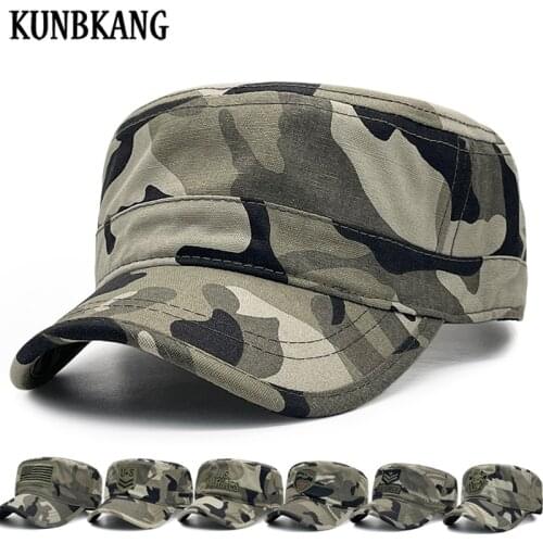 KUNBKANG Vintage Flat Top Camouflage Military Hats Men Summer Army Cap Gorras Male Sports Camo Men’s Caps Sun Trucker Hat Bone