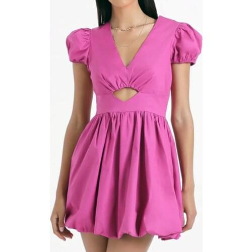 WOMENGAGA Women V Neck Short Puff Sleeves Mini Smocked Dress With Hollow Out Front red pink hot sexy korean dresses DH3M