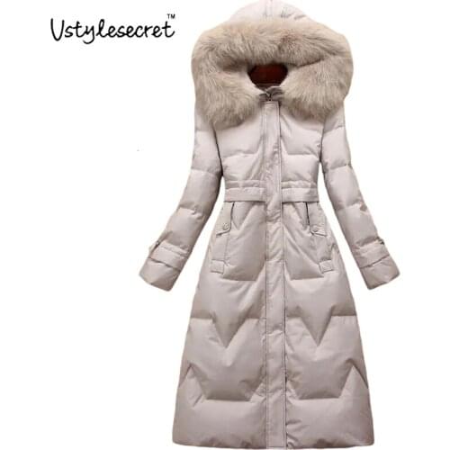 Women White Duck Down Parkas With Fox Fur Hooded Collar Ultralight Long куртка зимняя женская Warm Thicked пальто женское U10805