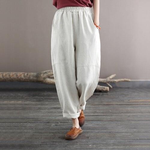 Women Loose Linen Elastic Waist Harem Pants Ladies Spring Autumn Flax Trousers Female 2021 Loose Pants