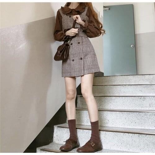Girl Plaid blouse Vintage Dress suits Women Dresses Female Sundress suit braces Robe Femme Vestido separately 2 piece set women