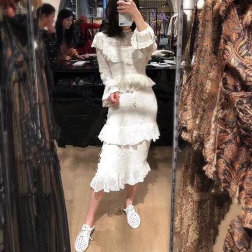 BLLOCUE High Quality New 2021 Spring Designer Runway Womens Lace Splicing Hollow Out Embroidery Irregular White Dress