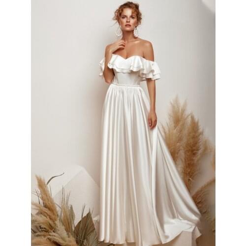 Ruffled Satin Off The Shoulder Wedding Dress Vintage A Line Custom Made Lace Up Beads 2021 Plus Size Elegant Elegant Bridal Gown