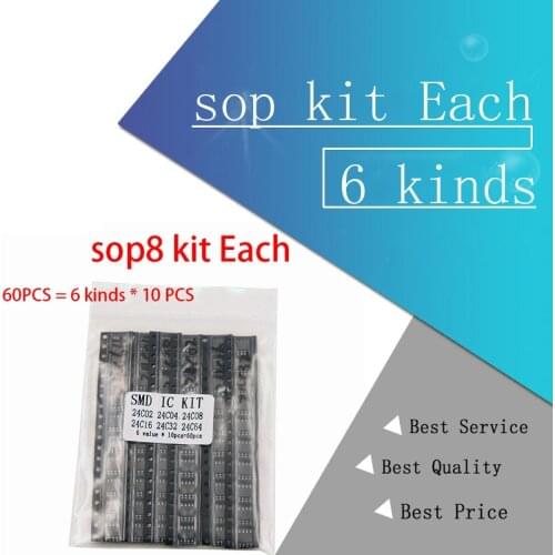 60PCS = 6 kinds * 10 PCS 24C02 24C04 24C08 24C16 24C32 24C64 sop kit Each 10PCS (12-21)