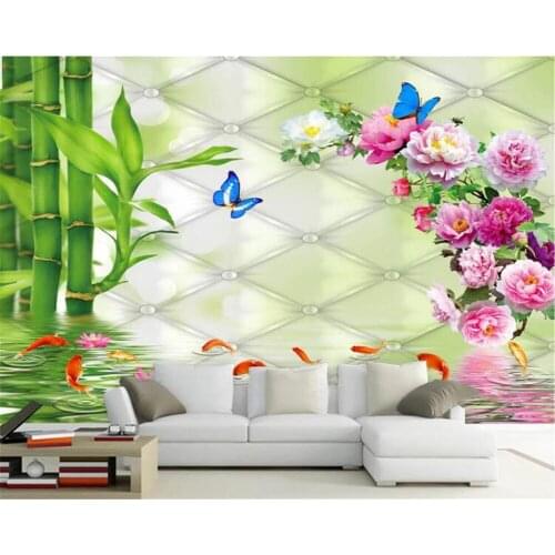 Beibehang European soft bag rose 3D background wall fresh green rich bamboo peony carp soft pack wallpaper mural decoration